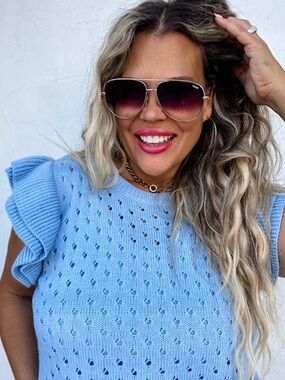 BLAKELY: Light Blue Ruffle Sleeve Eyelet Knit Top